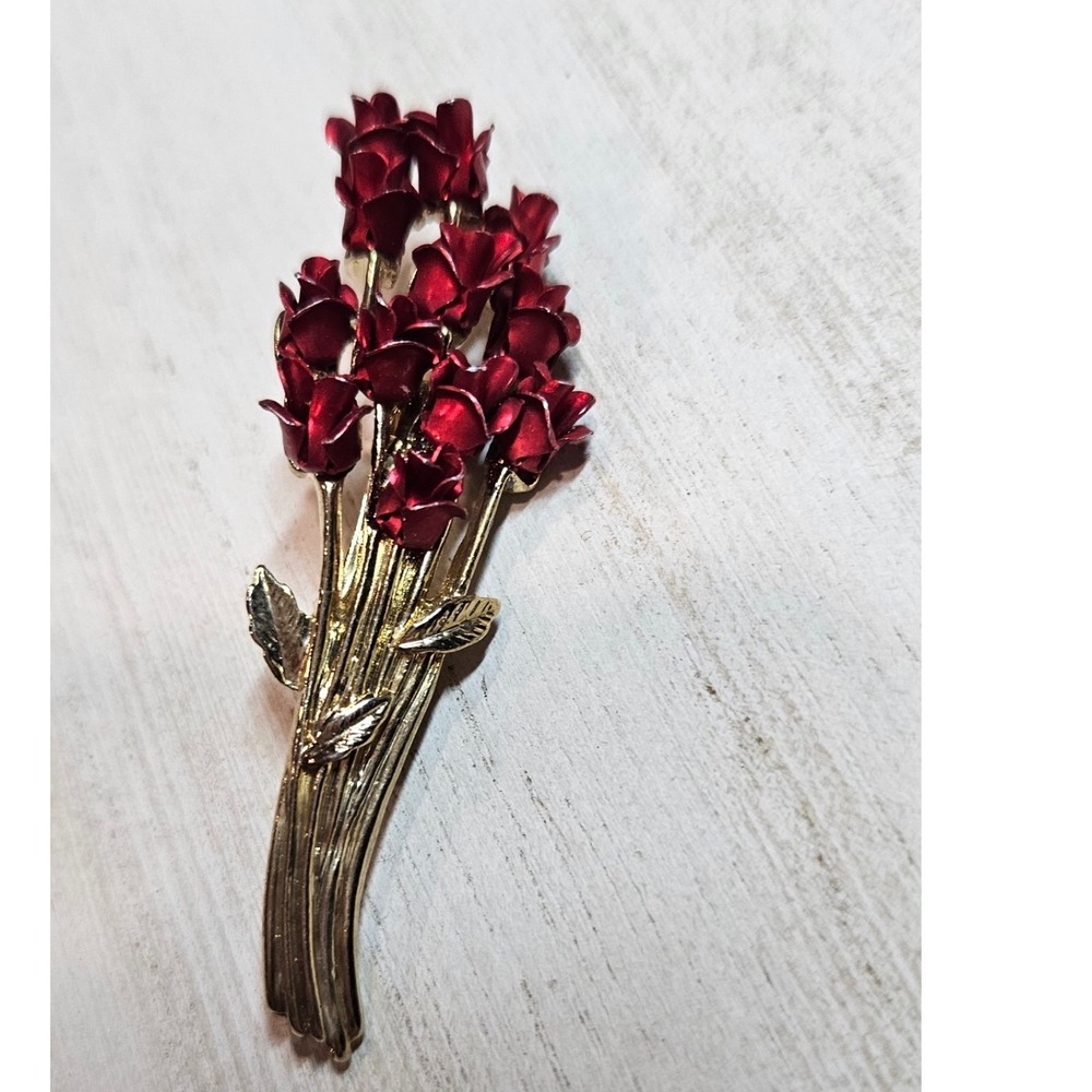 Vintage 1997 David Monn DM Signed Red Enamel Rose Bouquet Brooch Gold Tone Pin